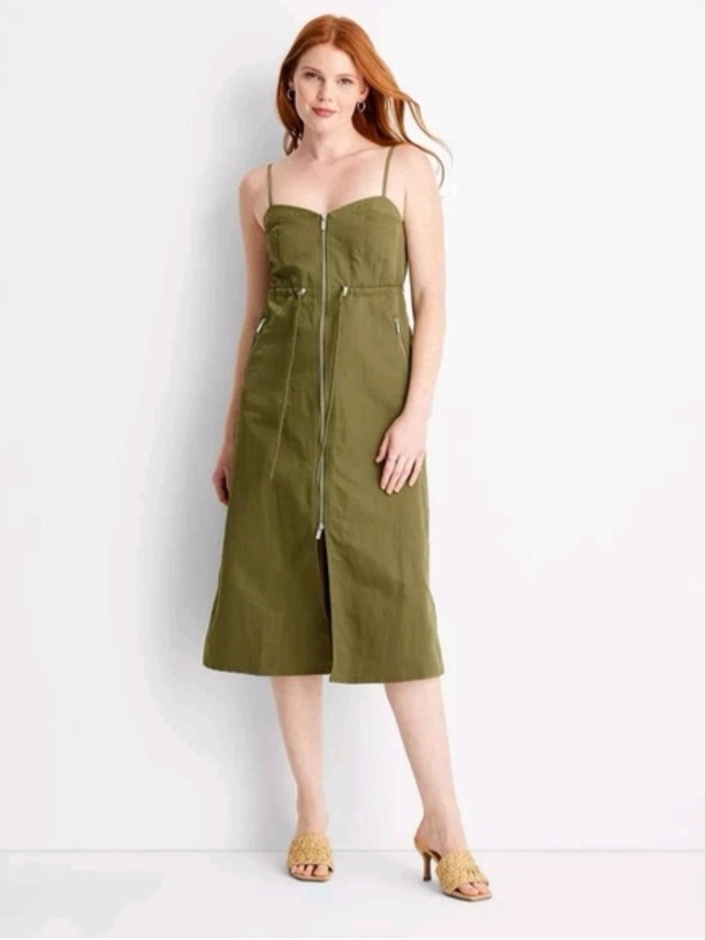 Olive Green Midi Dress with Front Zip